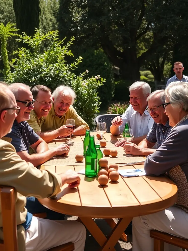 A candid image of members of LE CARREAU MURATAIS socializing and enjoying refreshments after a boules game, emphasizing the social aspect of the association.