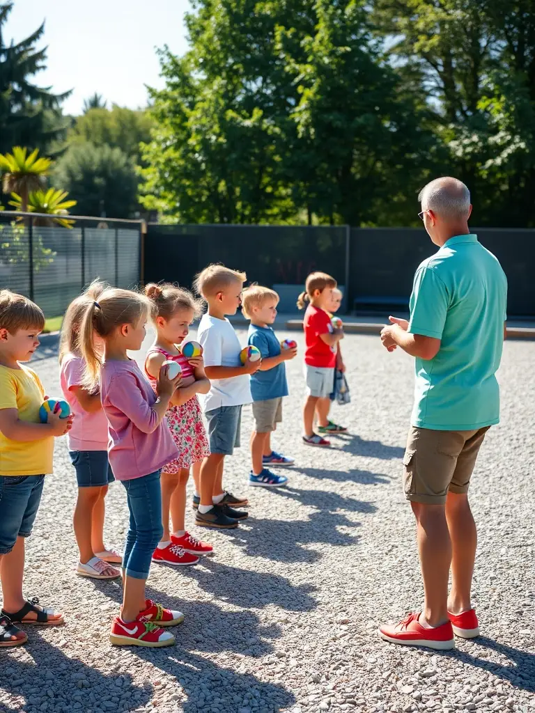 A picture of a youth boules program, showing children learning the basics of pétanque under the guidance of a coach, promoting youth engagement and skill development.