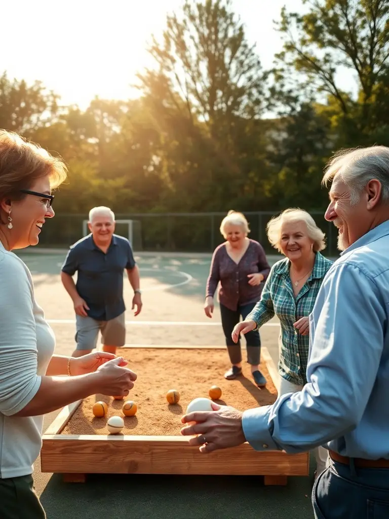 An image of a social boules event, with participants enjoying a relaxed game, food, and drinks, illustrating the social and recreational aspects of boules sports.