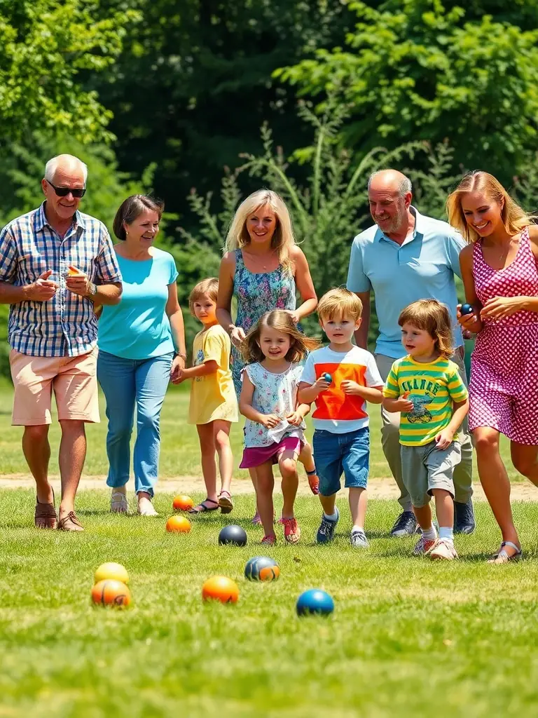 A multi-generational group participating in a friendly game of jeu provençal, emphasizing the inclusive and community-oriented nature of the association.