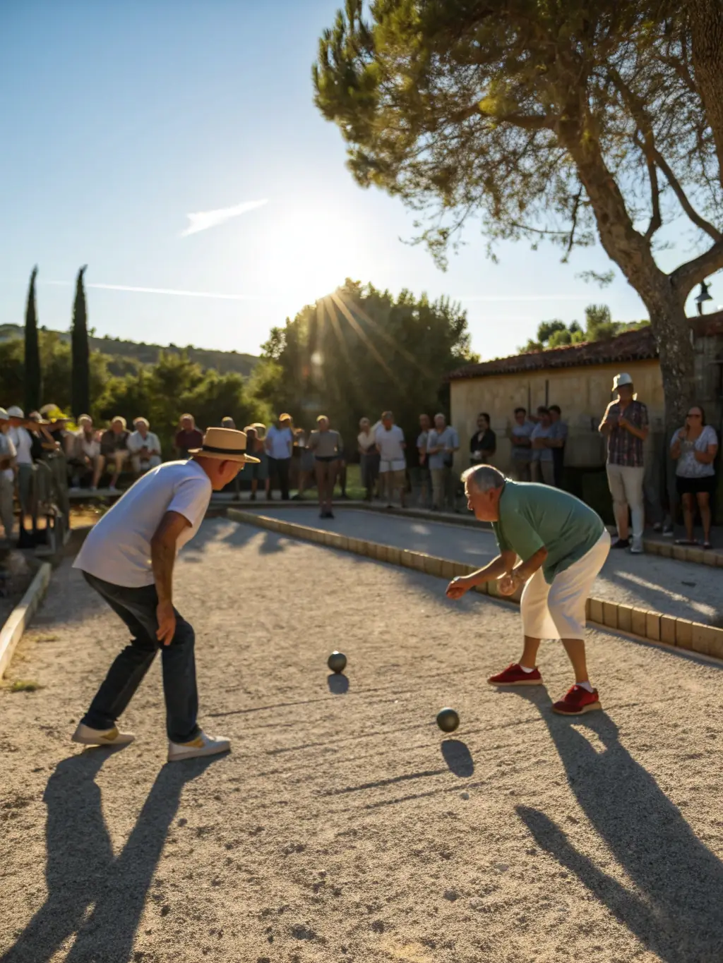 A dynamic shot of players participating in a Jeu Provençal tournament organized by LE CARREAU MURATAIS, highlighting the intensity and skill involved in this variant of boules.