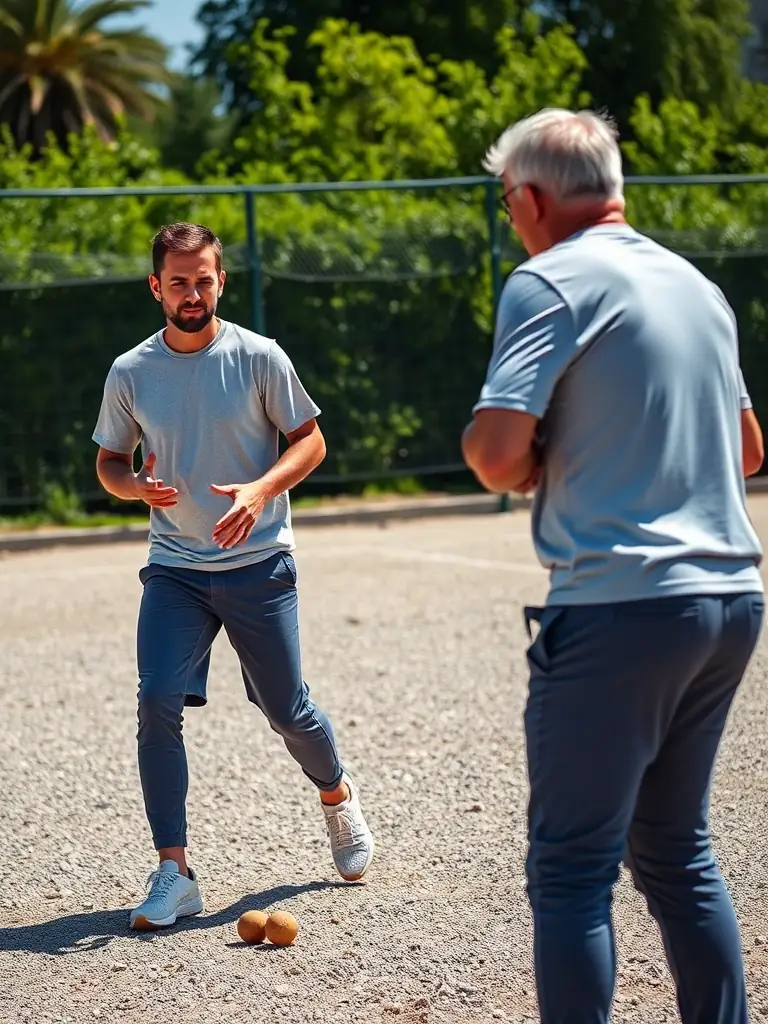 An action shot of a jeu provençal competition at LE CARREAU MURATAIS, highlighting the dynamic movements and strategic gameplay involved in this traditional boules sport.