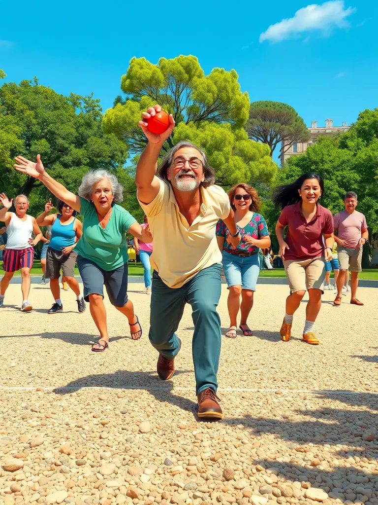 A vibrant image capturing a friendly pétanque match in progress at LE CARREAU MURATAIS, showcasing players of different ages and backgrounds enjoying the game in a sunny outdoor setting.