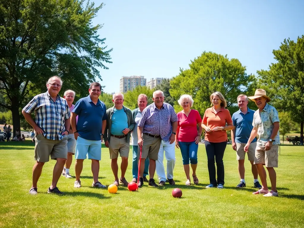 A vibrant image showing a group of people playing pétanque in a park, with smiles and laughter evident, showcasing the social aspect of the game.