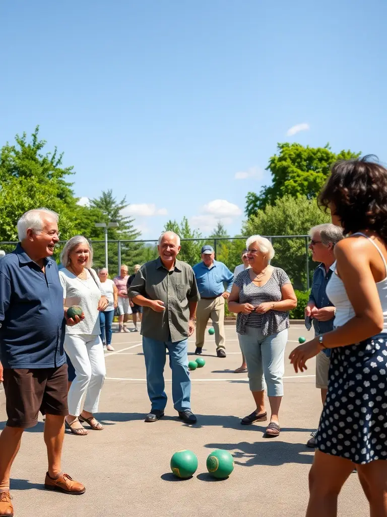 A group of diverse individuals laughing and interacting while playing pétanque in a sunny, outdoor setting, showcasing the social aspect of LE CARREAU MURATAIS.
