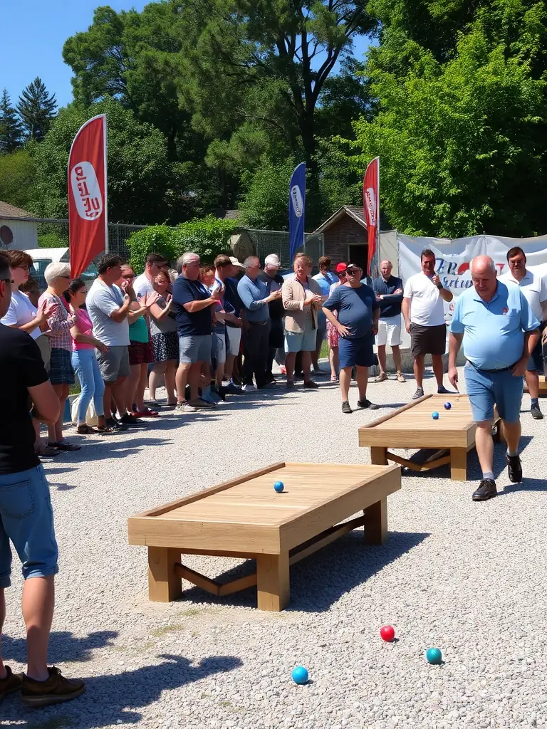 A vibrant image of a pétanque tournament in progress, showcasing players of all ages and skill levels competing on a well-maintained terrain, with spectators cheering in the background, capturing the excitement and community spirit of the event.