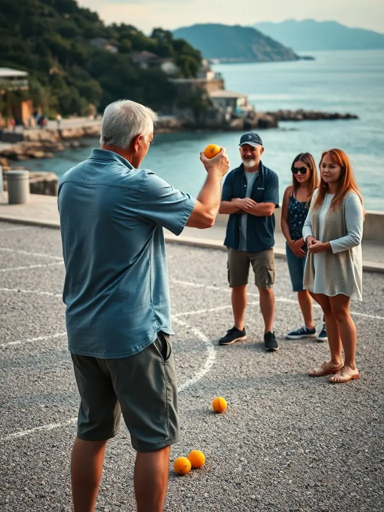 A vibrant photo capturing a pétanque game in progress at LE CARREAU MURATAIS, showcasing players of different ages and backgrounds engaged in friendly competition under the warm sunlight.